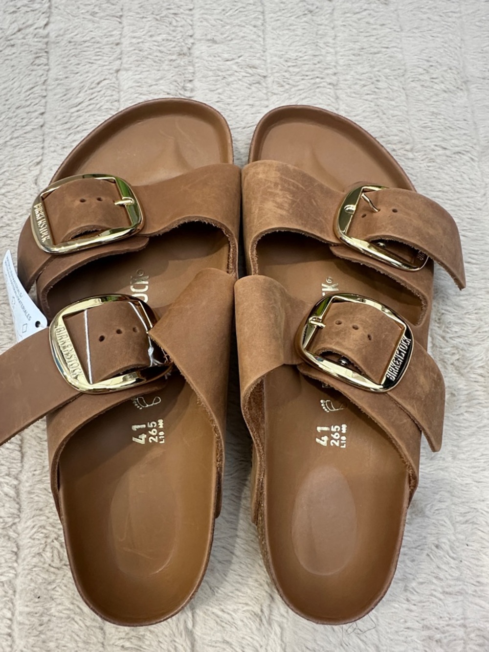 Birkenstock Brown Double-Buckle Slide Sandals with Gold Buckles